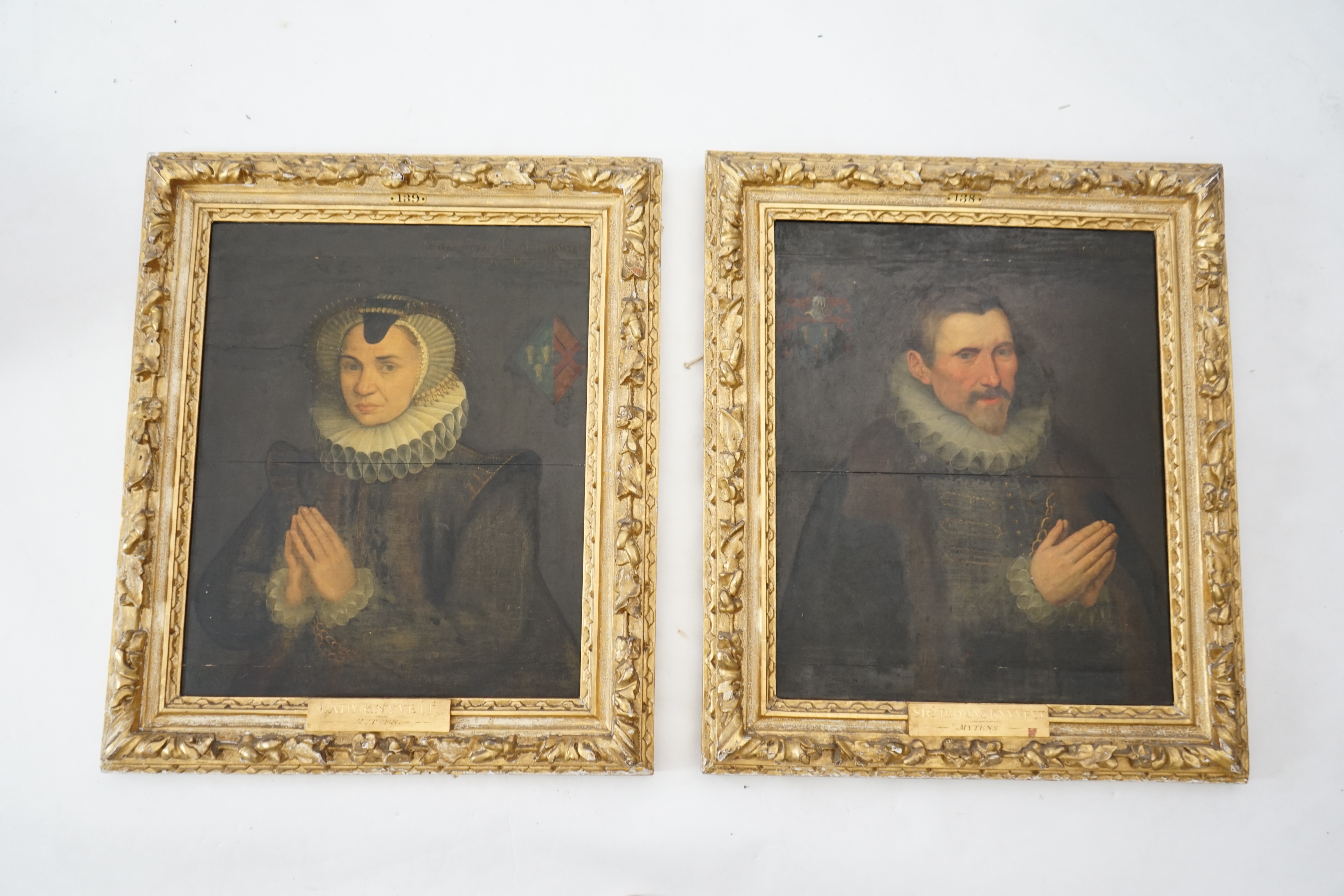 Anglo Dutch School, 17th century, after Daniel Mytens (1590-1647), Half length portraits of Sir Thomas Kynvet (c.1539-1617) and his wife, Muriel Parry, Lady Kynvet, oils on board, a pair, 63 x 51cm